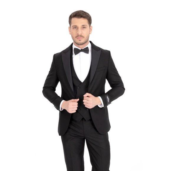 Derman Black Satin Collar 3 Piece Tuxedo